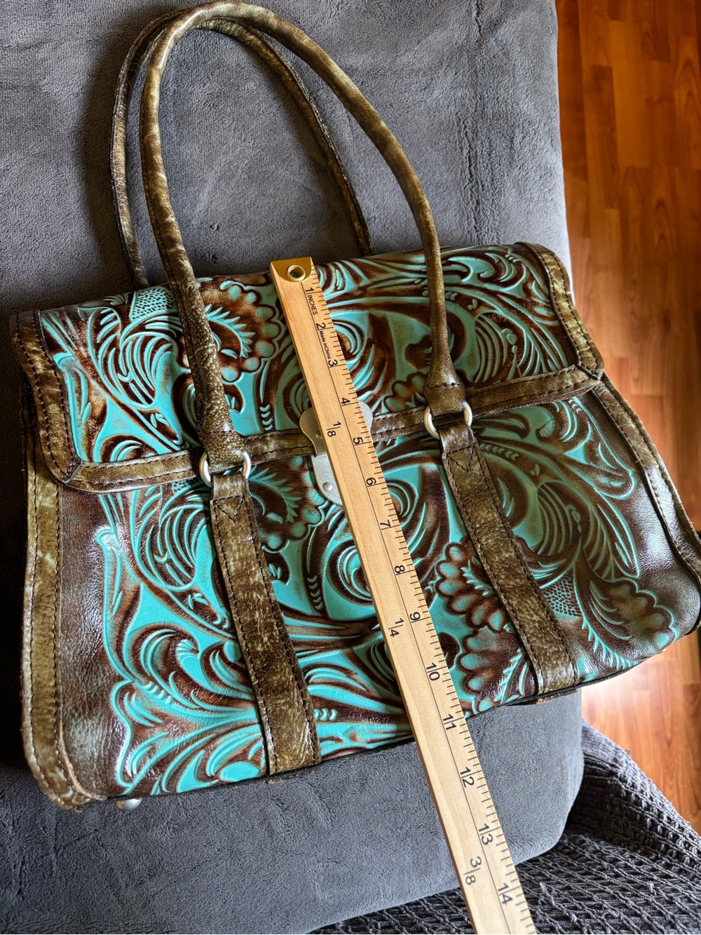 Patricia Nash Italian Leather Vienna Satchel, Tooled Turquoise, Like New Purse - Picture 14 of 16